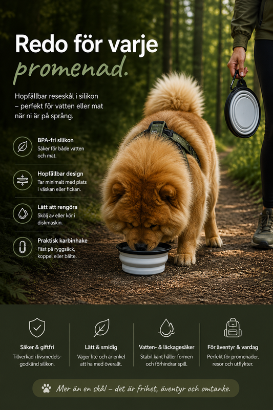 Hopfällbar reseskål för hund – silikon & karbinhake