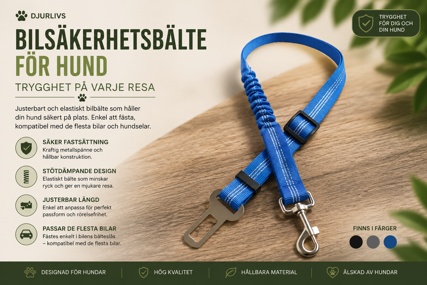 Justerbart Bilsäkerhetsbälte för Hund – Reflekterande & Elastiskt