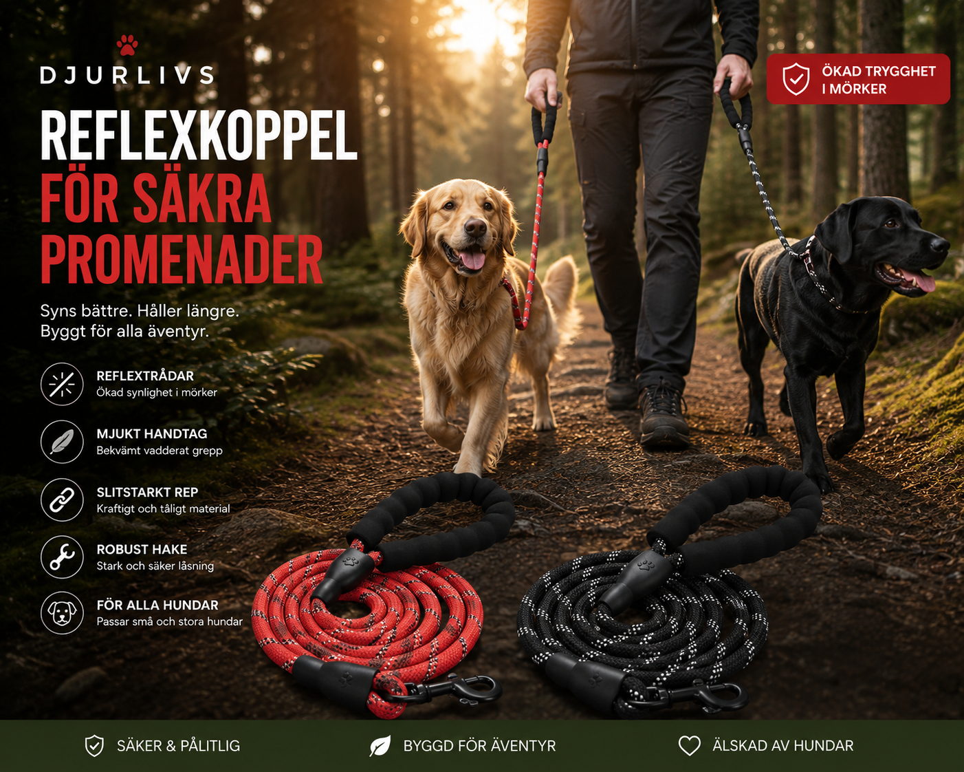 Reflexkoppel för Hund – Mjukt Handtag & Extra Slitstarkt
