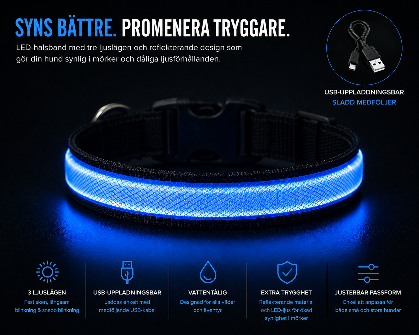 LED Hundhalsband – USB-Uppladdningsbart & Reflekterande