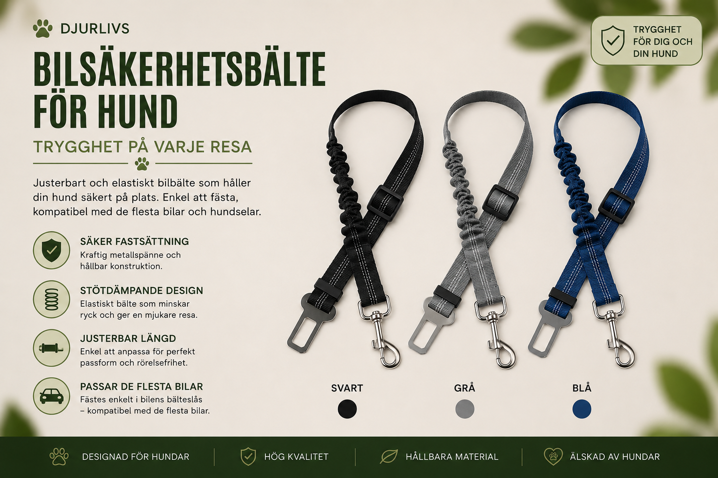 Justerbart Bilsäkerhetsbälte för Hund – Reflekterande & Elastiskt