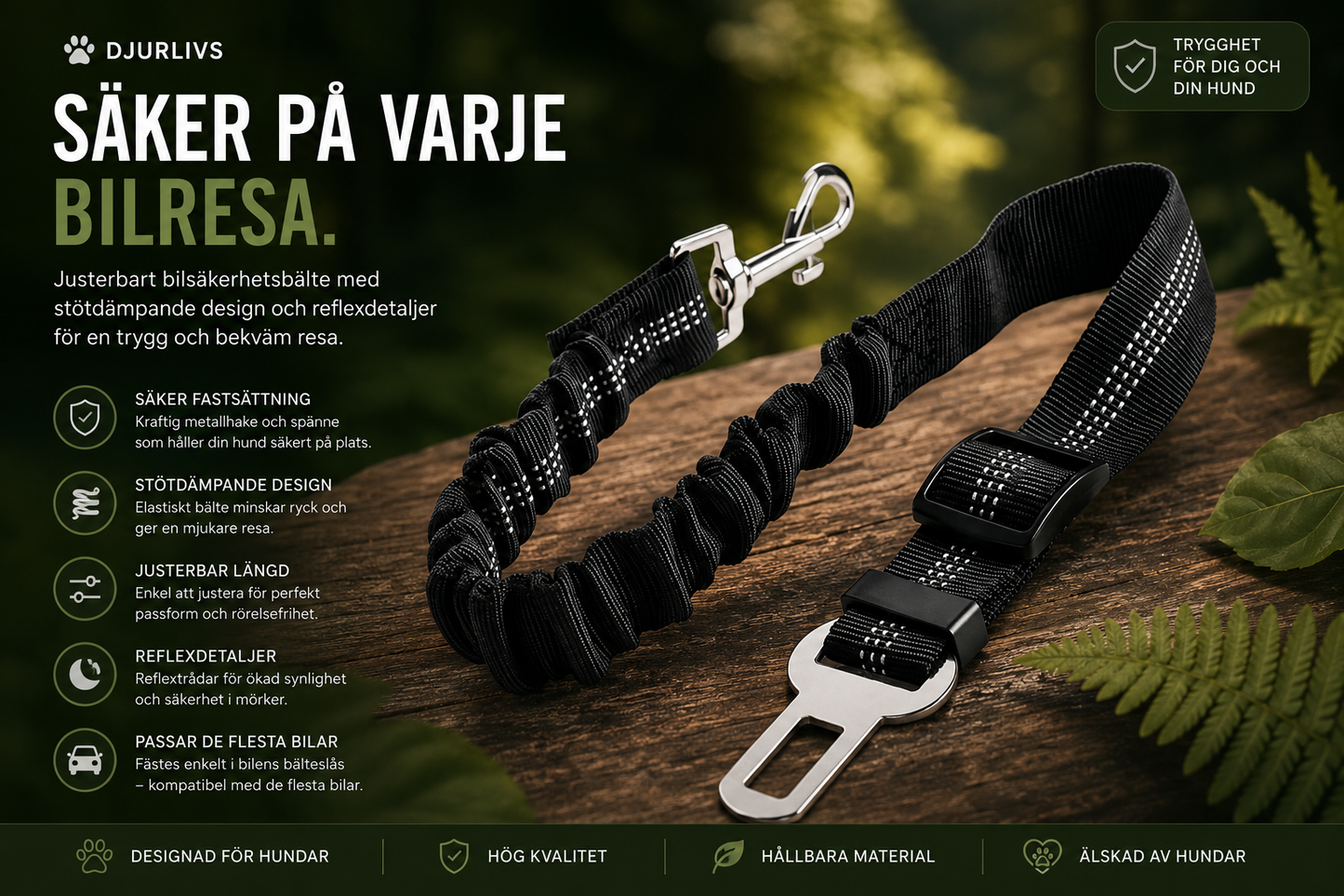 Justerbart Bilsäkerhetsbälte för Hund – Reflekterande & Elastiskt