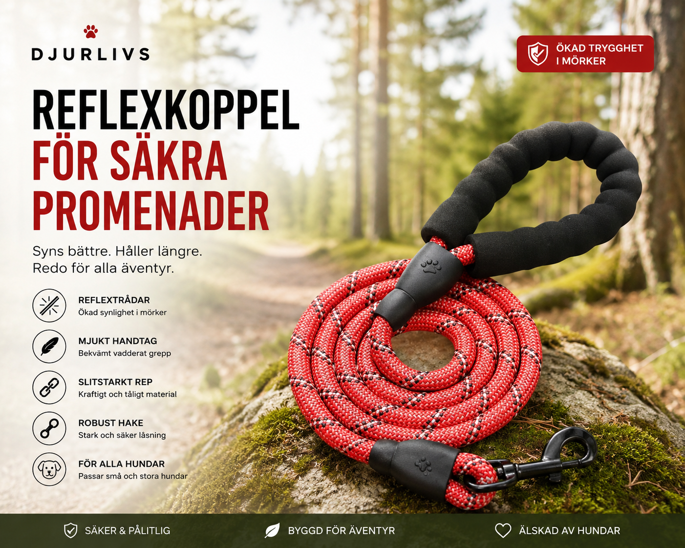 Reflexkoppel för Hund – Mjukt Handtag & Extra Slitstarkt