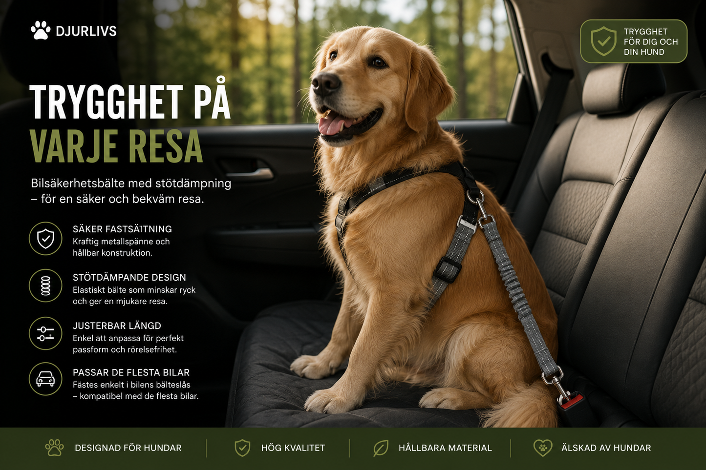 Justerbart Bilsäkerhetsbälte för Hund – Reflekterande & Elastiskt