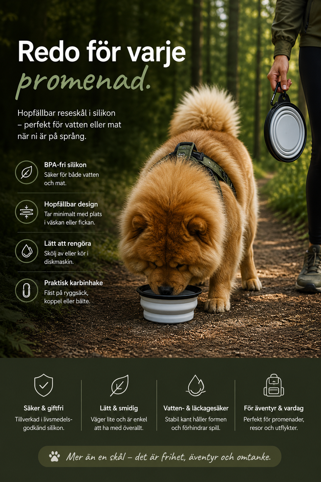 Hopfällbar Reseskål för Hund – Silikon & Karbinhake