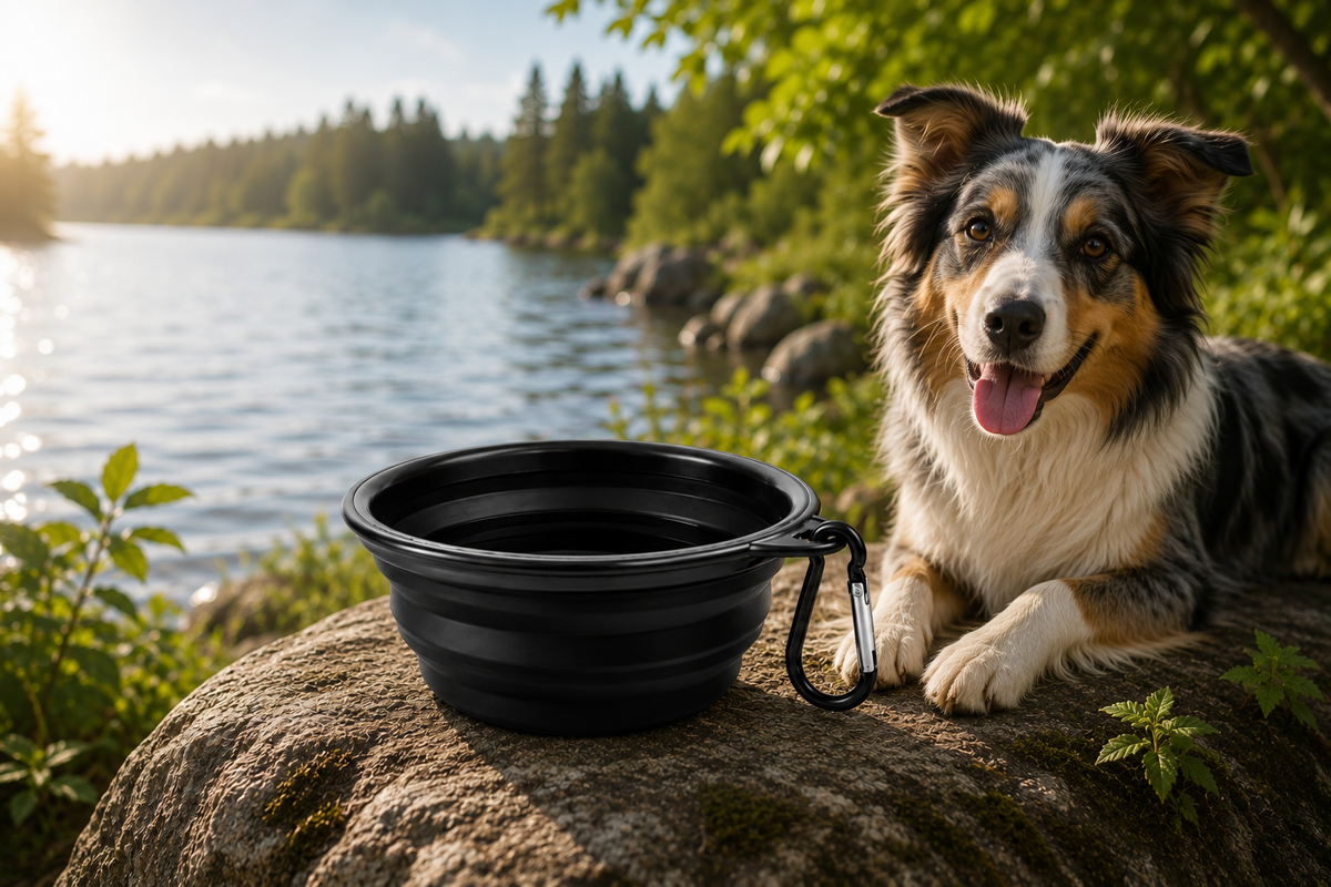 Hopfällbar reseskål för hund – silikon & karbinhake